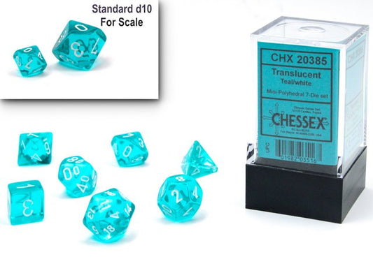 Mini Translucent Teal/white 7 Dice Set